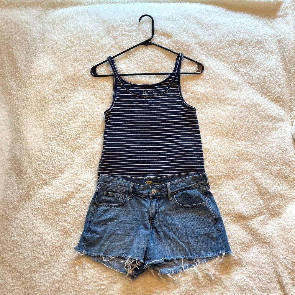 Navy Blue&White Striped Women's Tank Top- Vintage